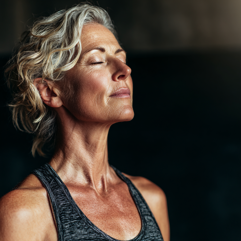 experienced middle-aged yoga instructor demonstrating proper breathing technique in serene studio