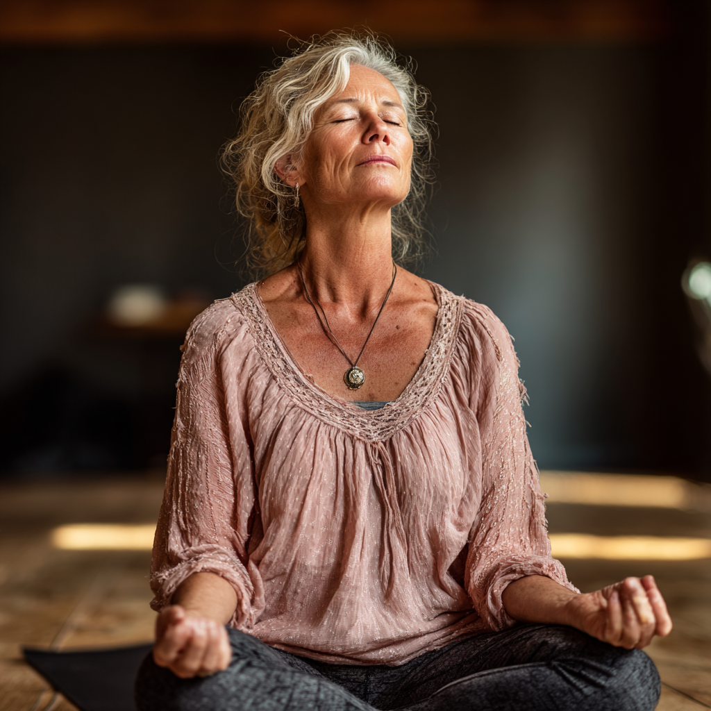 mature woman practicing mindful yoga meditation in peaceful studio environment